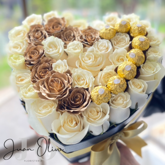 Corazón rosas y chocolates
